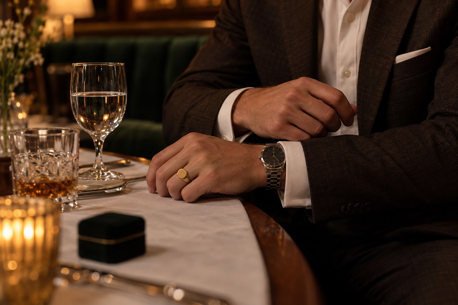 Sastrería, anillos y reloj en una mesa de restaurante