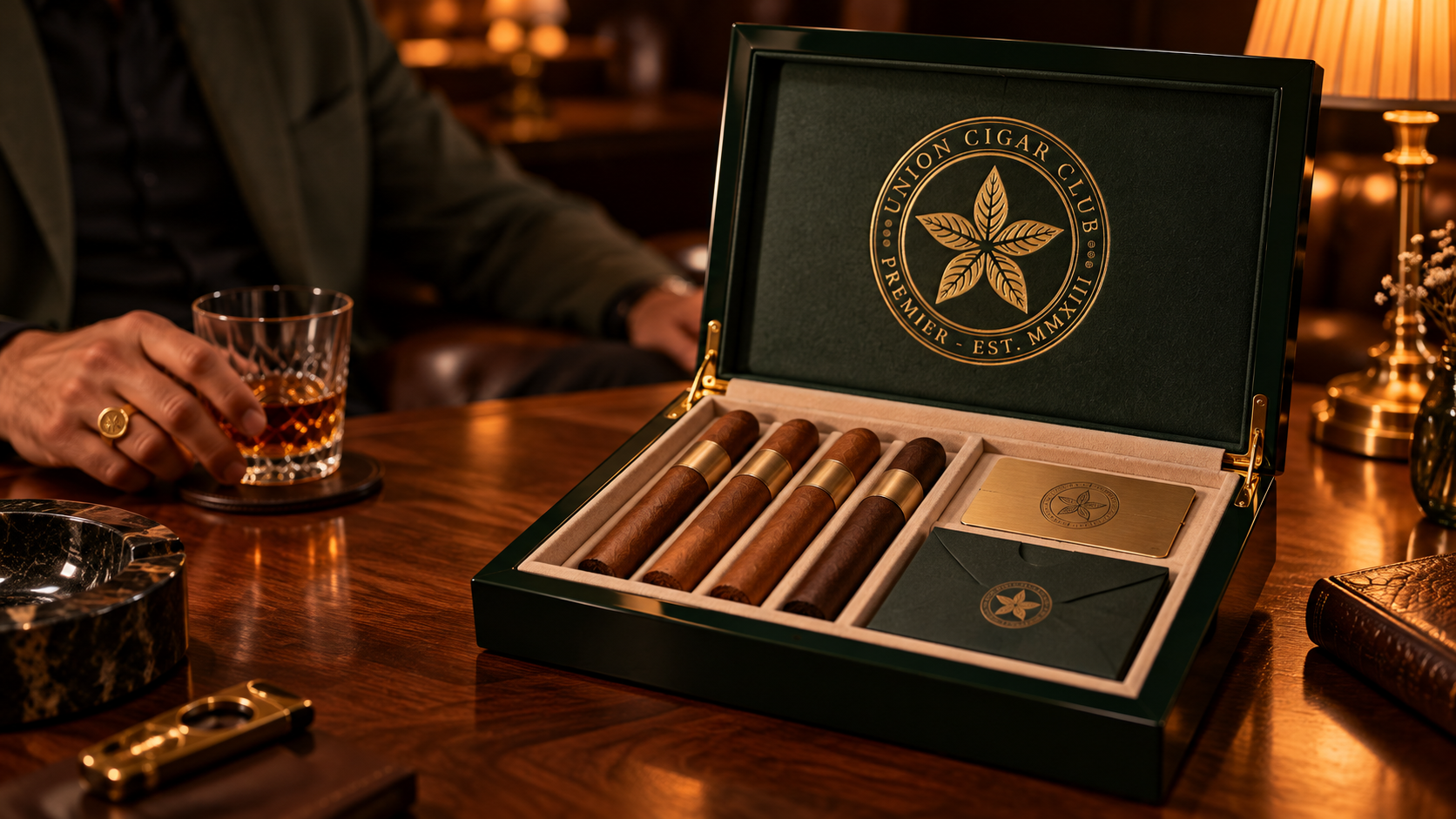 Caja premium de Union en verde oscuro y dorado sobre una mesa de nogal