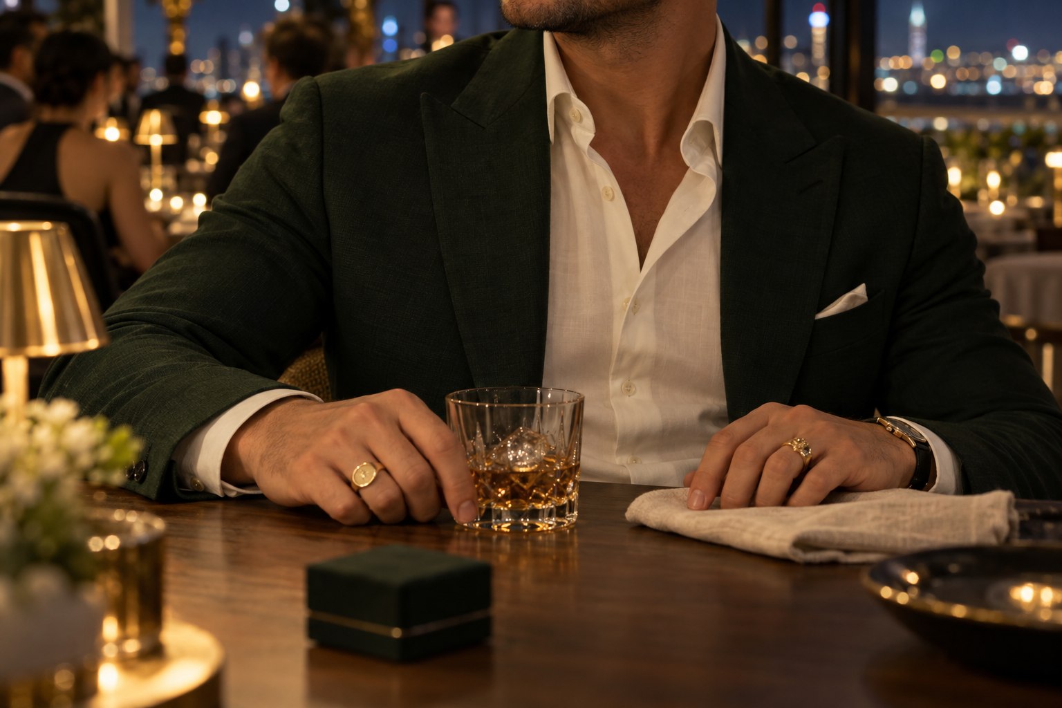 Sastrería verde y manos con anillos en una mesa